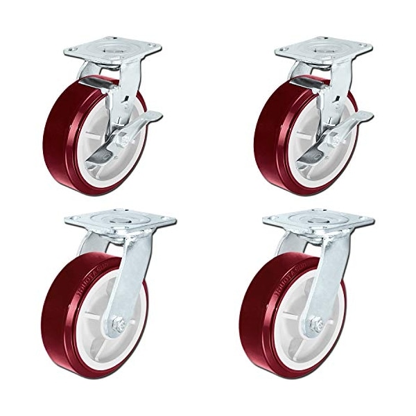 Heavy Duty Polyurethane Swivel Casters W/ Brake, 6"x2" Size (Pack